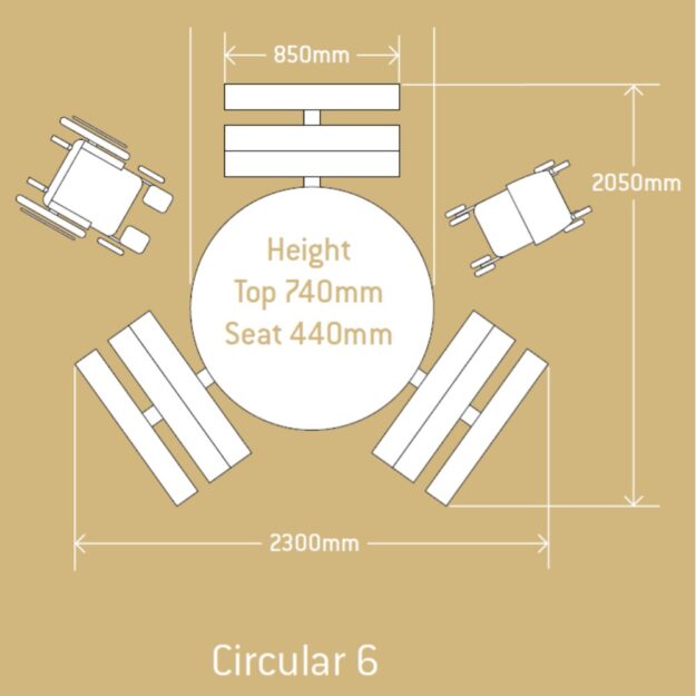 A diagram showing the dimensions of a round 6 seater wooden picnic table with wheelchair access shown