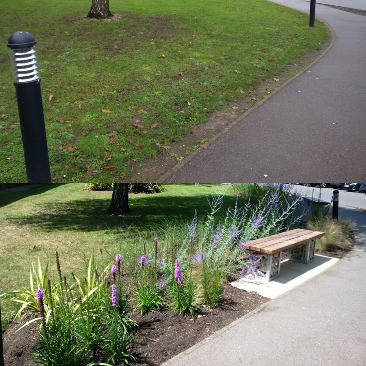A before and after photo of a bare patch of grass in a hotel garden that was transformed with a beautiful flower border and bench with a wooden top and striking stone filled gabion cage legs