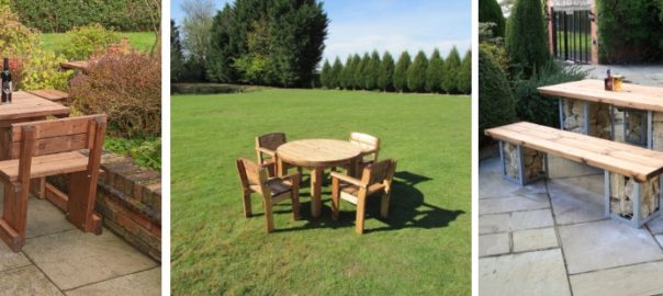 A two seater wooden picnic table, a round wooded outdoor table and four chairs around, a rectangular table and two benches either side
