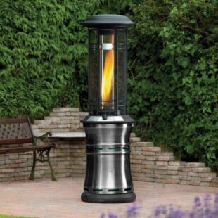 A cylindrical 1.7m tall real flame gas patio heater located on a patio