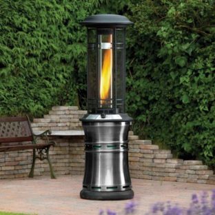 A cylindrical 1.7m tall real flame gas patio heater located on a patio