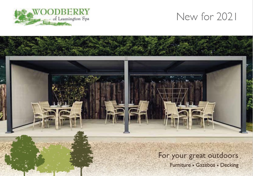 The front cover of Woodberry 2021 catalogue showing a gazebo on a deck with outdoor furniture underneath it