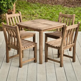 A square hardwood outdoor table and 4 chairs set on a grey wood effect deck