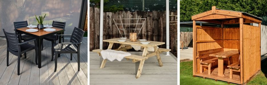 3 photos of commercial outdoor furniture, 1 is a black and wood laminate table with plastic dark grey chairs, 2 is a budget wooden picnic table and 3 is a wooden outdoor dining cabin seating 6