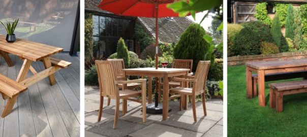 A wooden A frame picnic table, a teak square dining table and chairs set and a rectangular wooden outdoor table and bench set