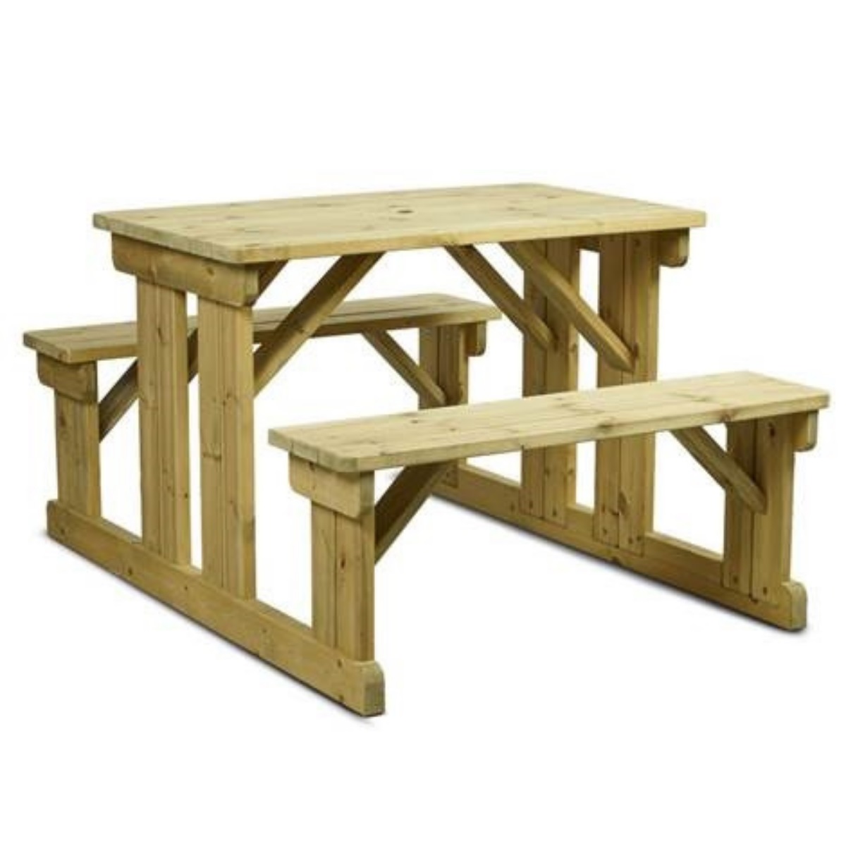 A rectangular wooden 6 seater picnic table with easy access bench seats that you don't have to climb over
