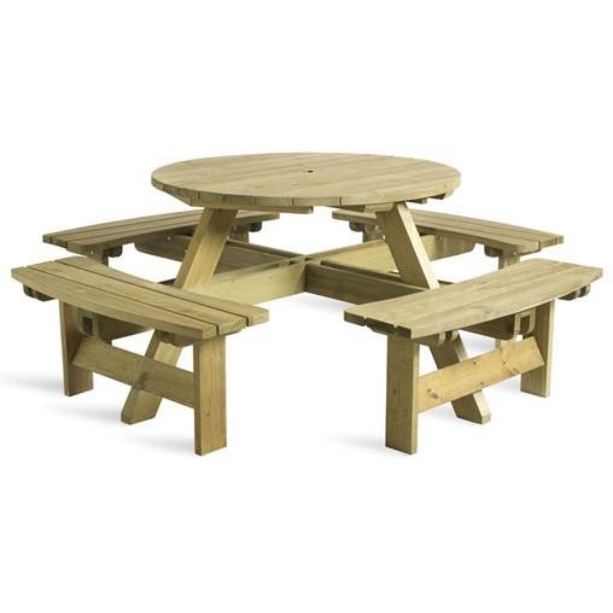 A circular wooden picnic table with easy to access bench seats, no bar to climb over