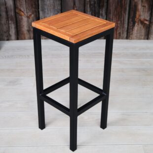 A black aluminium framed outdoor bar stool with a hard wood seat top