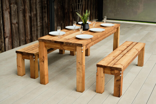 wooden rectangular outdoor table and benches set