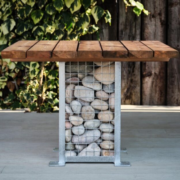 square gabion table with a soft wood top