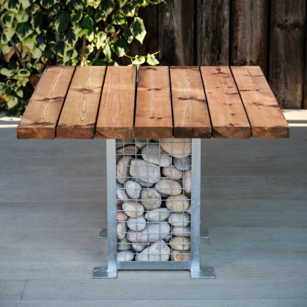 square gabion outdoor table with softwood top