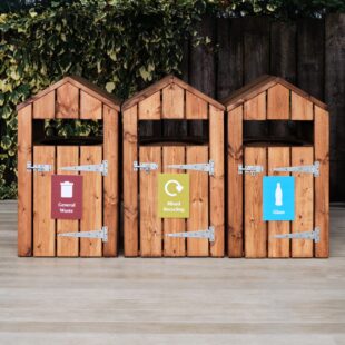 triple outdoor wooden recycling litter bin