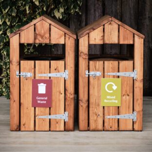 double wooden outdoor recycling bin station
