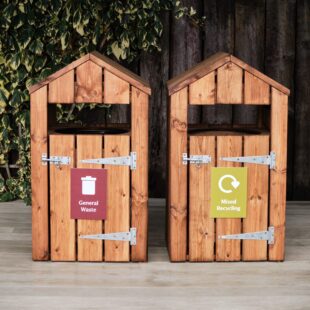 Double outdoor wooden recycling bin station