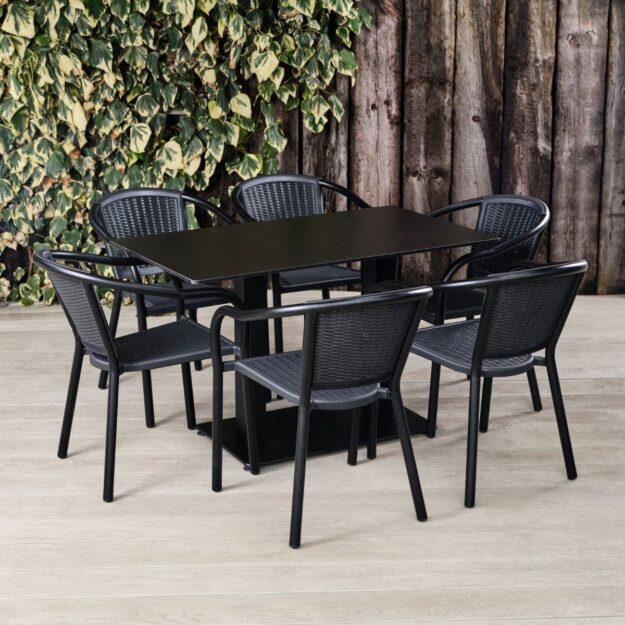 Outdoor Pedestal Table Rectangular Base and Black Top with Black Chairs