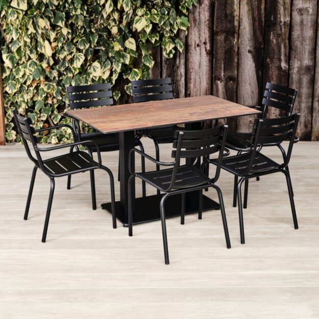 Outdoor Pedestal Table Rectangular Base and Rust Top with Black Metal Chairs