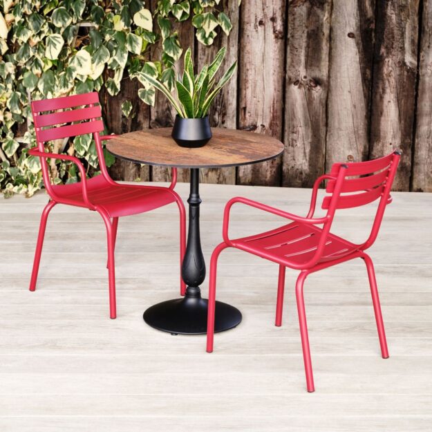 Outdoor Pedestal Table Round Base Round Bronze Top Red Metal Chairs