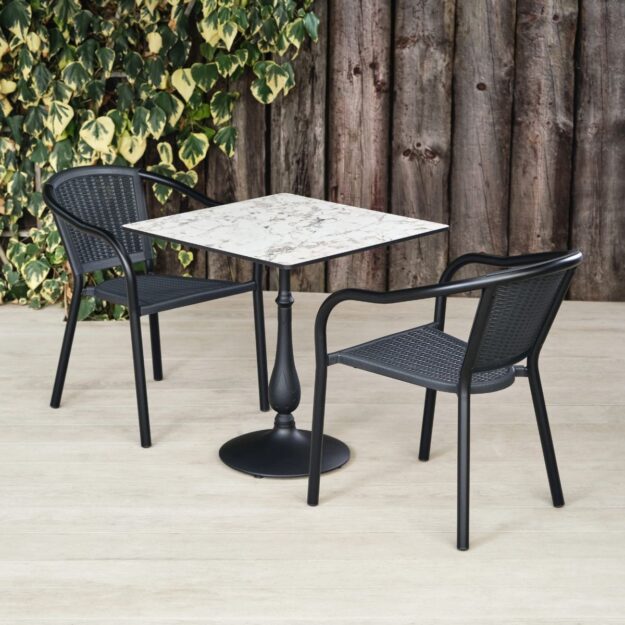 Outdoor Pedestal Table Round Base Square White Marble Top with Black Chairs