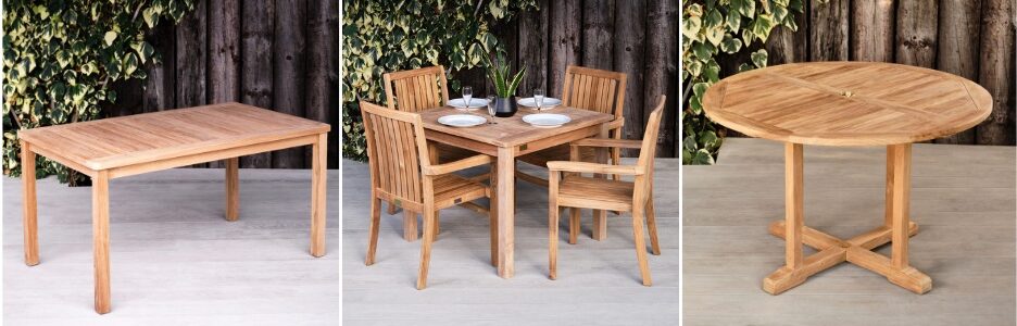 Teak outdoor tables and chairs offer