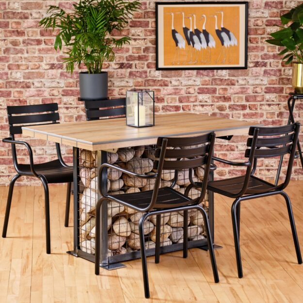 Indoor gabion range rectangular table and black chairs