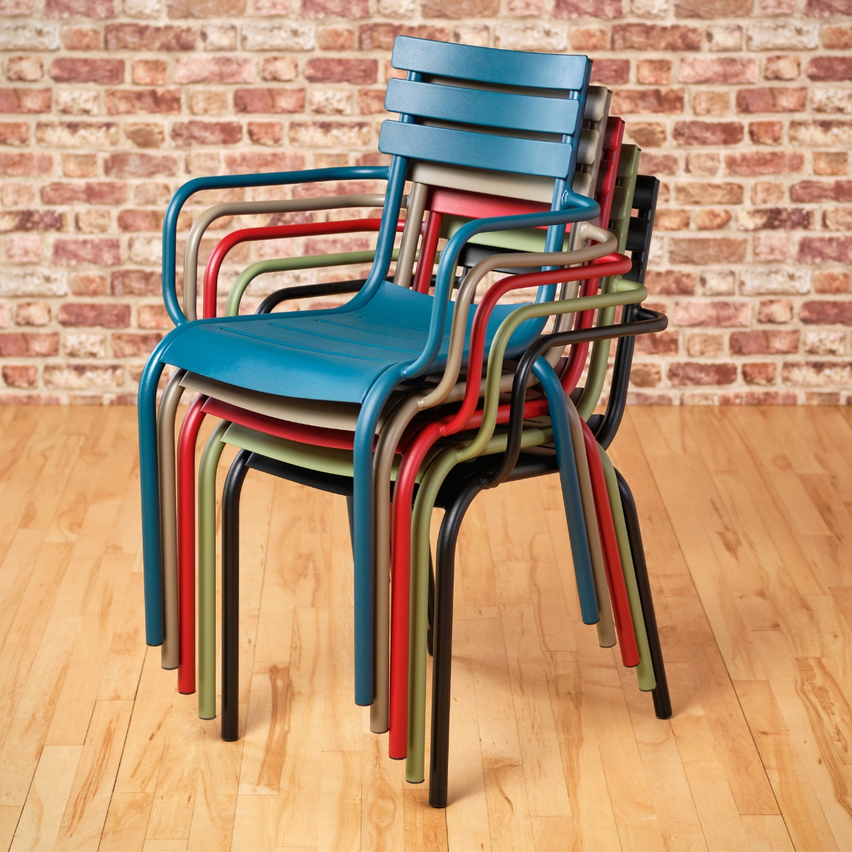 Colourful metal dining chairs