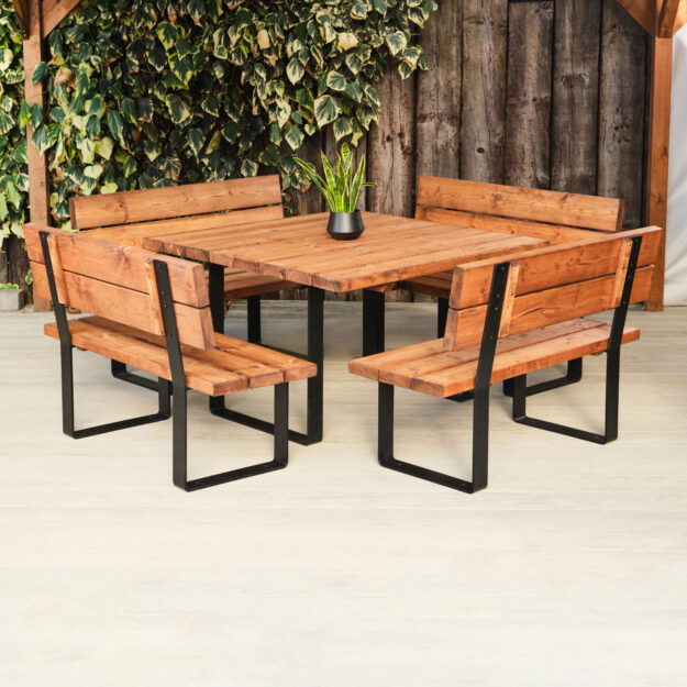 Commercial square outdoor dining table and 4 bench seats