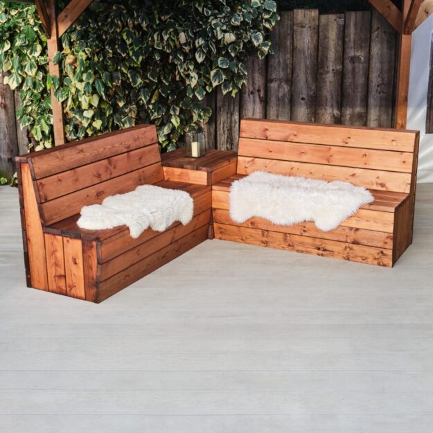 Outdoor wooden booth benches and table