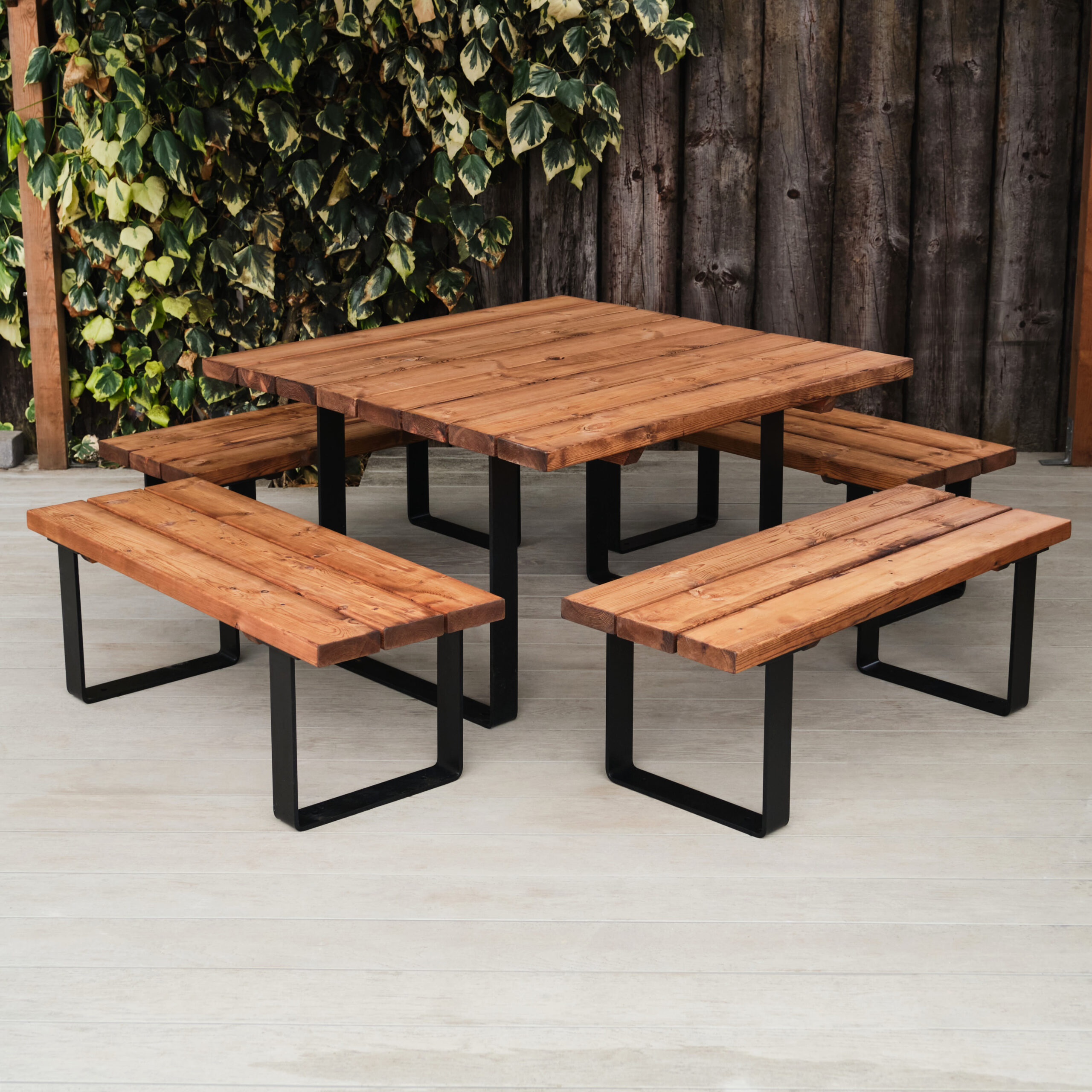 Commercial square dining table and 4 bench seats
