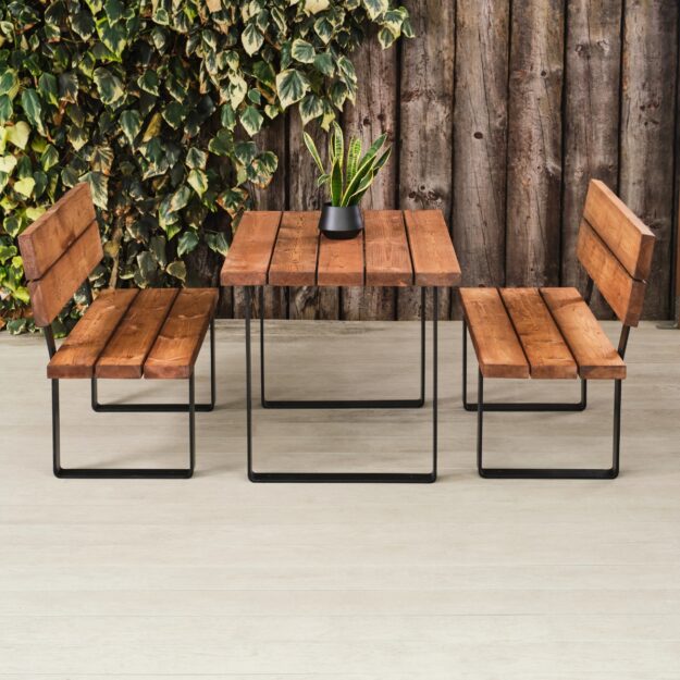 Wood and steel bench with backrest and rectangular dining table