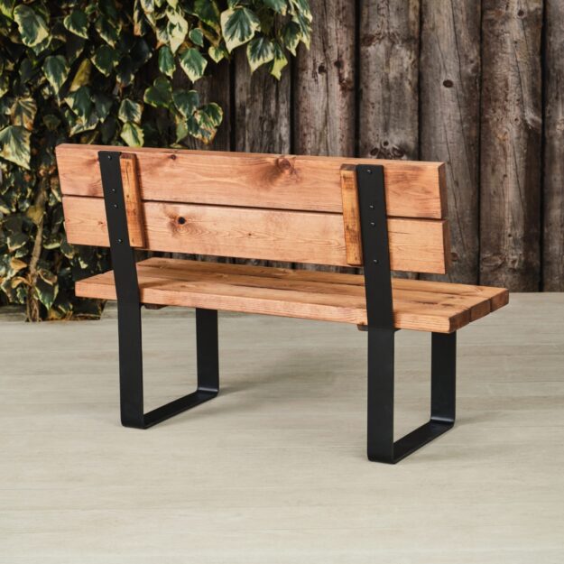 Wood and steel bench with backrest rear view