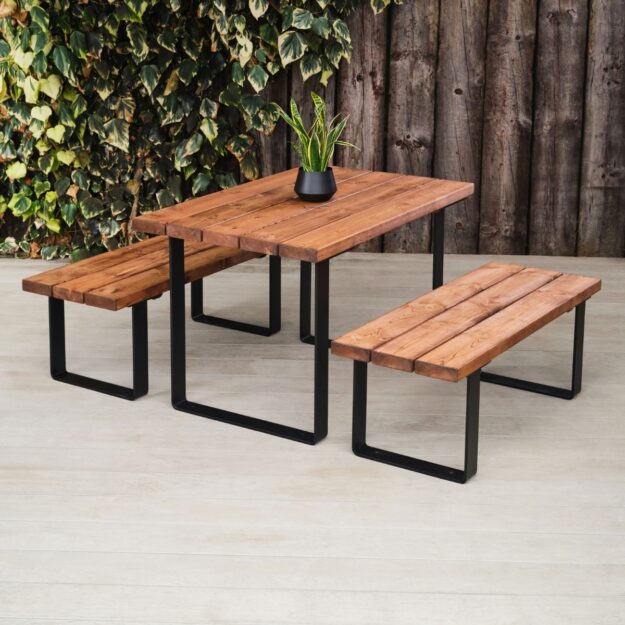 Wood and steel commercial rectangular dining table and benches set