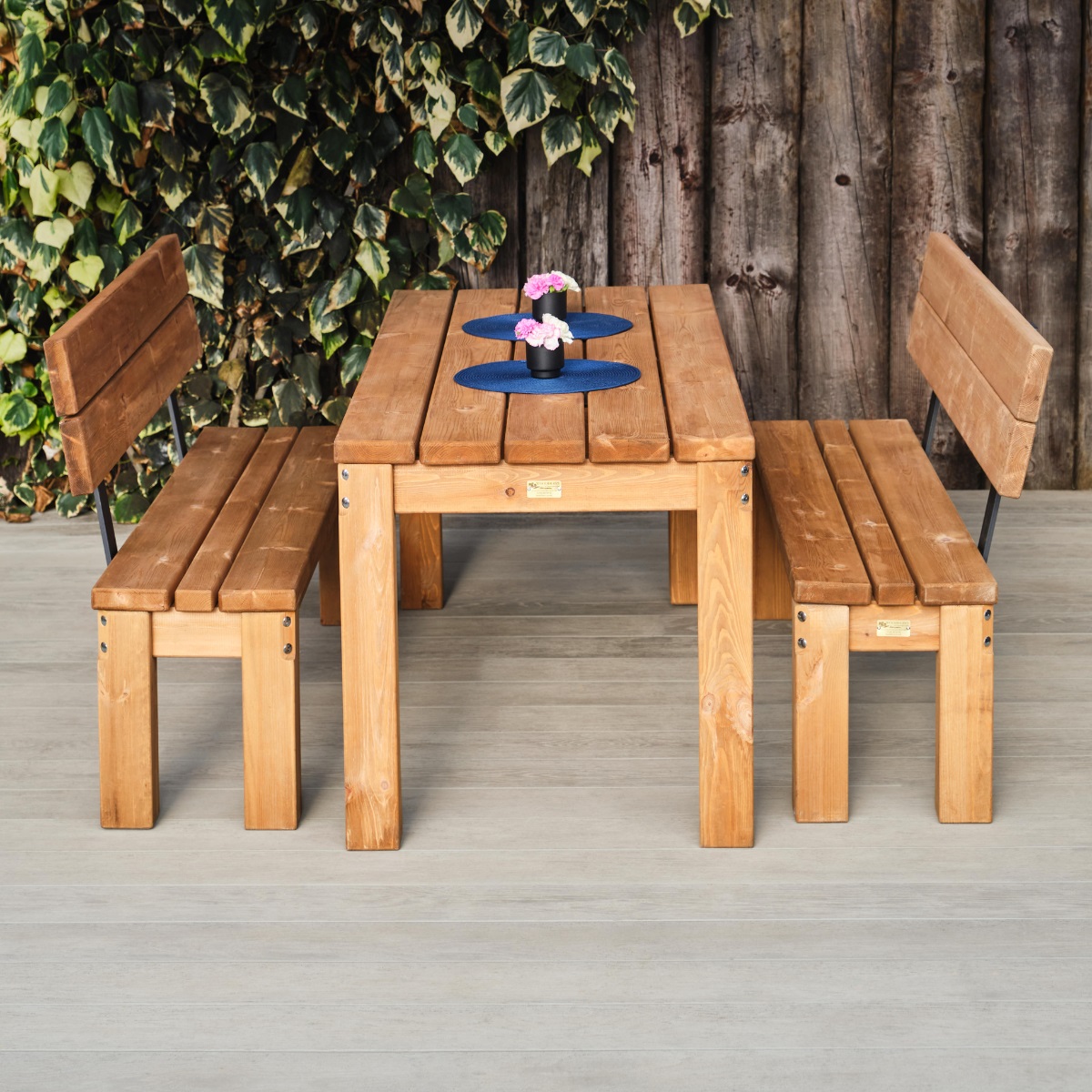 Commercial wooden dining table and benches with backrest