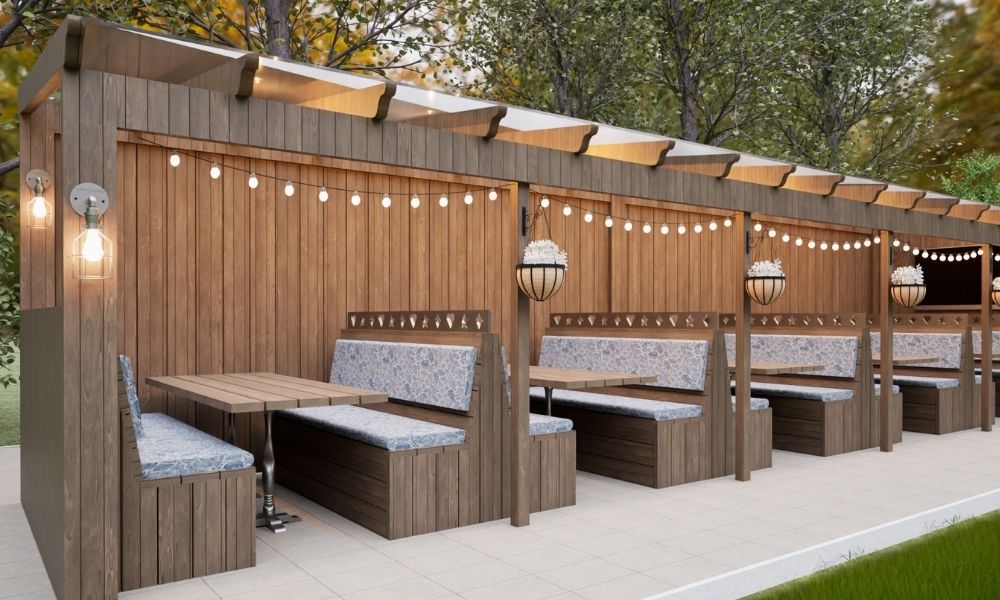 wooden pergola with booth seating
