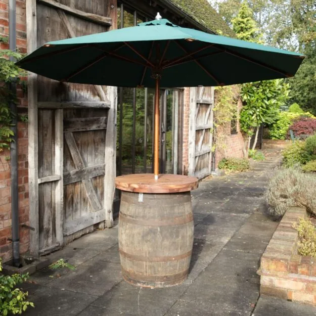 outdoor barrel poseur table with top and parasol