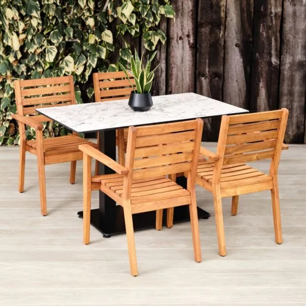 Outdoor Pedestal Table Rectangular Base and White Marble top with Wooden Chairs