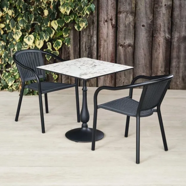 Outdoor Pedestal Table Round Base Square White Marble Top with Black Chairs
